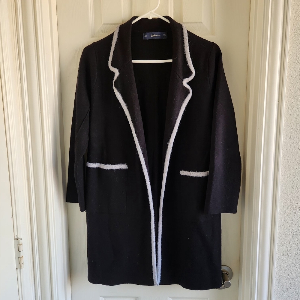 Zara Knit Open Front Cardigan‎ Black w/ Contrast Piping Womens Size S